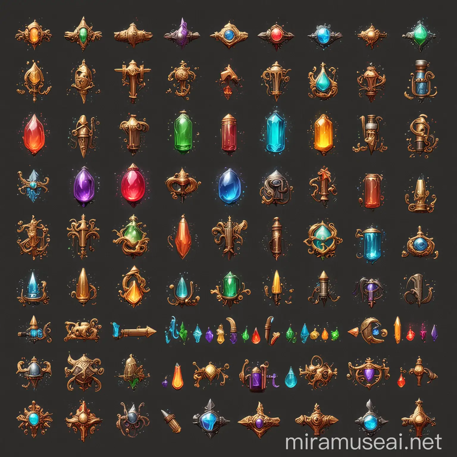 Retro RPG Items Spritesheet with Metallic and Mystery Colors