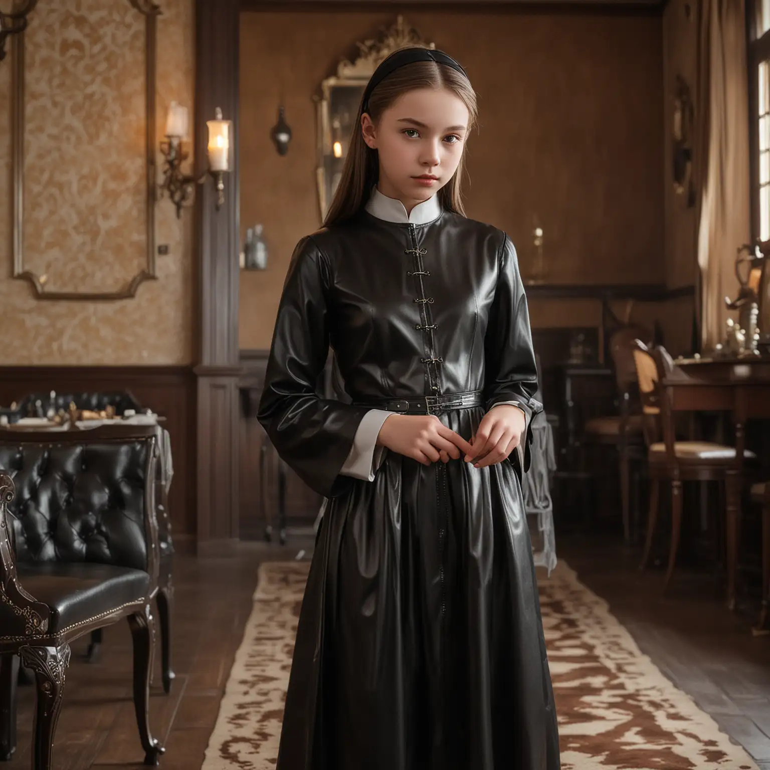 a beautiful young aristocratic tween brat, Ilga of Genshin Impact, in a leather Fifni nun parlour