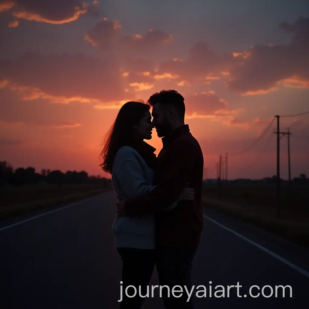 Couple-Hugging-at-Night-by-the-Roadside-in-DawnDusk-Atmosphere
