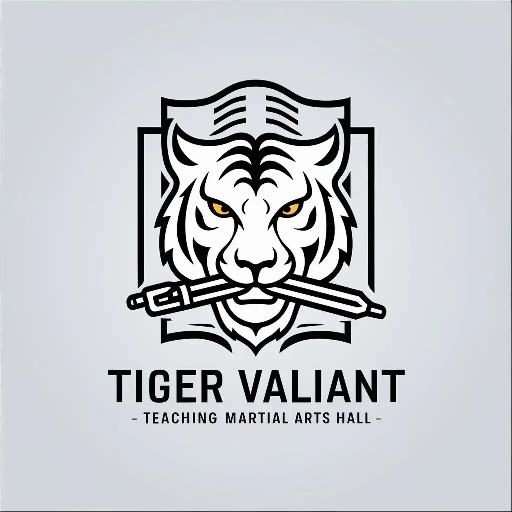 a vector logo design,with the text "Tiger Valiant teaching martial arts hall", main symbol:A brave tiger face with a pen held in its mouth, white background, black and white linear, the book as background placed behind the tiger, the height of the book does not exceed the pen,Minimalistic,be used in Education industry,clear background