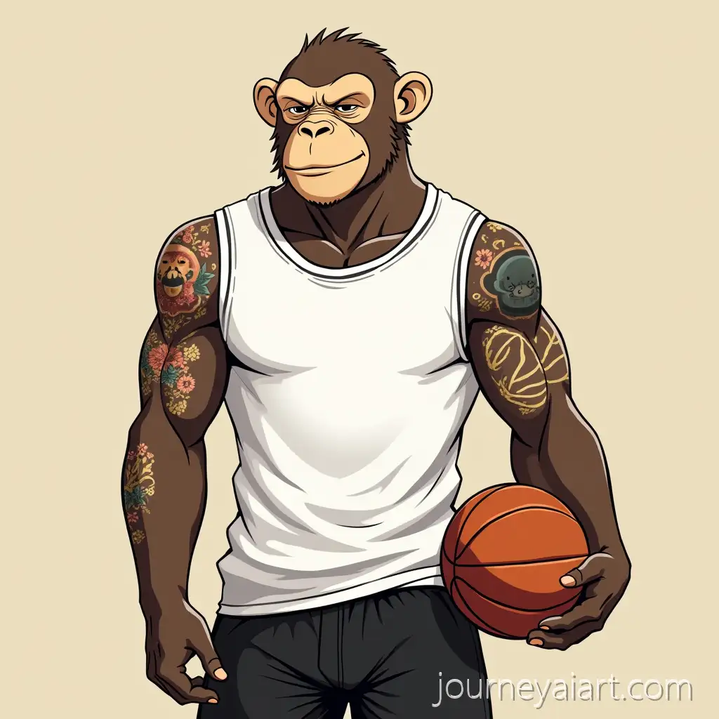 Cappuccino-Monkey-Wearing-Black-Shorts-and-Basketball-Ball-with-Manga-Tattoo-on-Bicep
