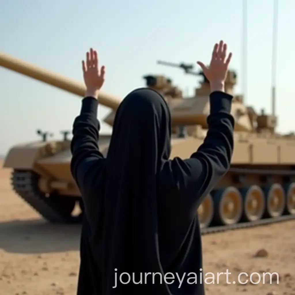 Woman-in-Black-Abaya-Raising-Hands-in-Front-of-Merkava-Tank