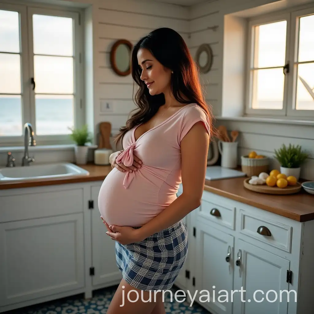 Pregnant-Woman-in-Coastal-Cottage-Kitchen-at-Dawn-Revealing-Baby-Bump
