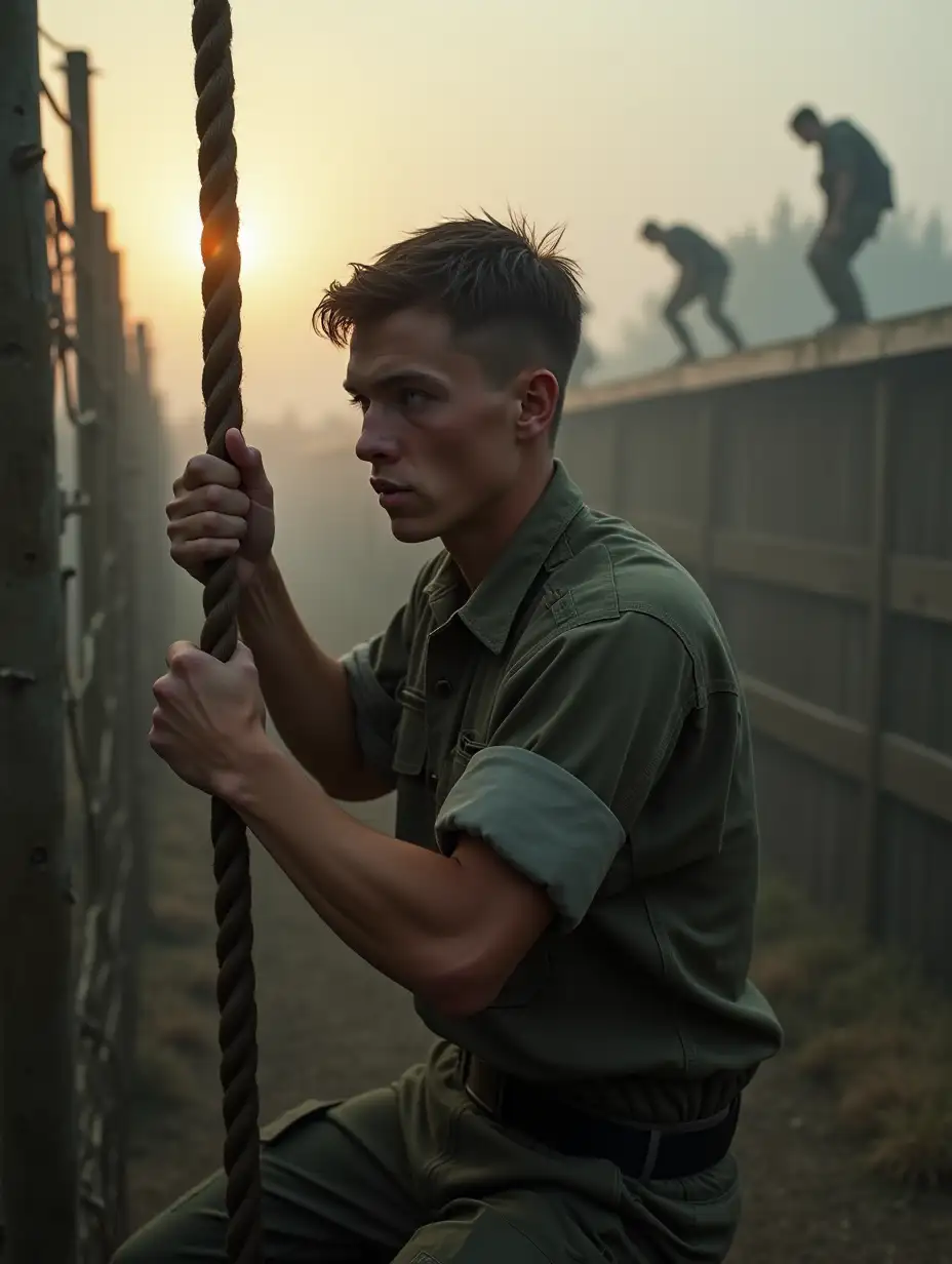 A gritty, realistic boot camp scene at dawn. The air is cool and foggy, with early morning sunlight breaking through the mist. The focus is on a young man, John, in his early twenties with short brown hair, long legs, and blue eyes, wearing a standard army training uniform. He is sweating heavily, struggling to climb a 40-foot vertical rope in a military obstacle course. The scene should capture his strained effort and determination as he grits his teeth, hands burning from the friction. His arms are muscular but not overly built, showing the strain of intense training. In the background, a large plank wall and wooden log hurdles are visible, with other trainees swiftly scaling them.