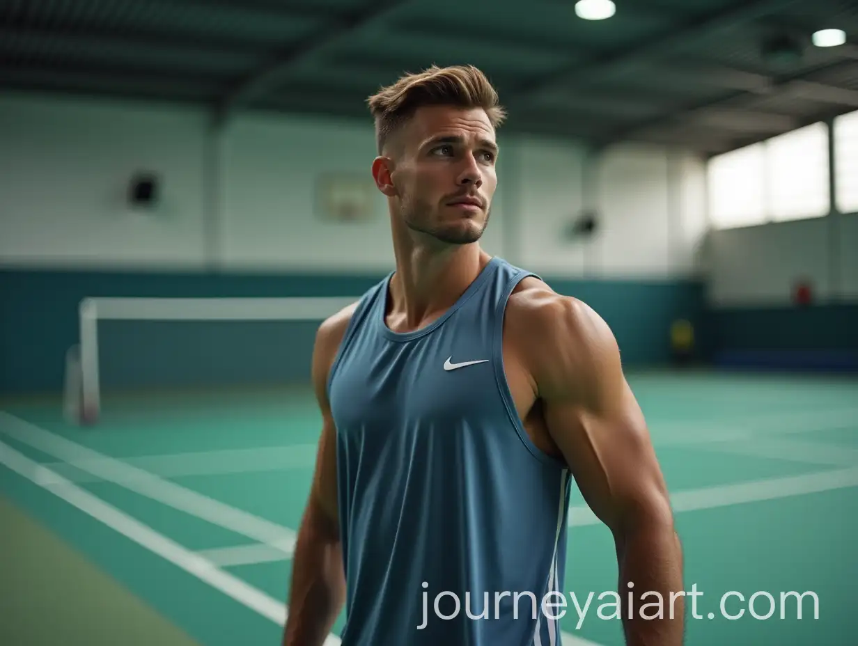 Handsome-Sporty-Man-Posing-in-Sports-Hall-from-Remote-Angle