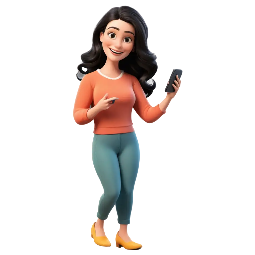 Cheerful-Cartoon-Woman-with-Dark-Hair-Looking-at-Her-Phone-HighQuality-PNG-Image-for-Versatile-Use