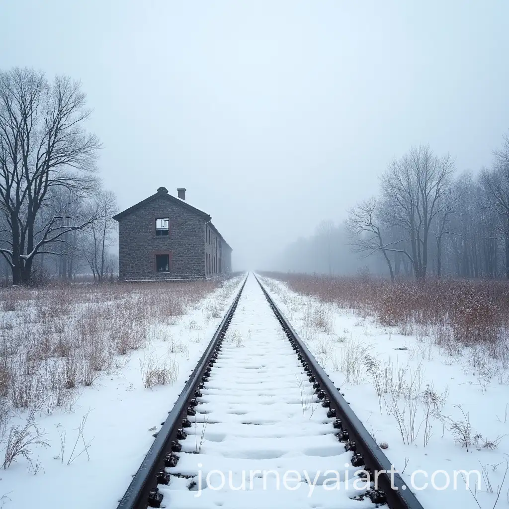 Snowy-Railroad-Track-and-Broken-Warehouse-in-Foggy-Landscape