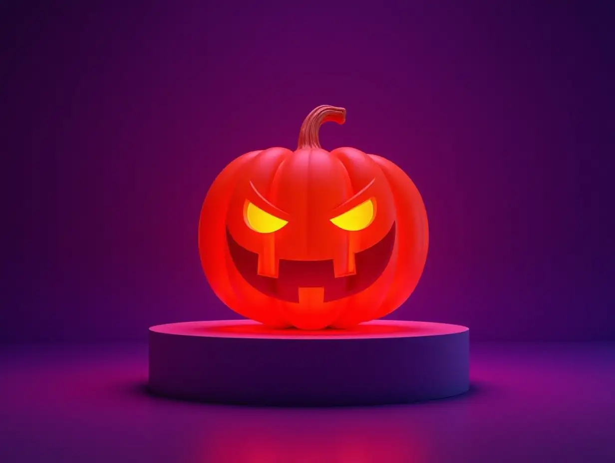 Glowing-Orange-Pumpkin-on-Neonlit-Podium-for-Halloween