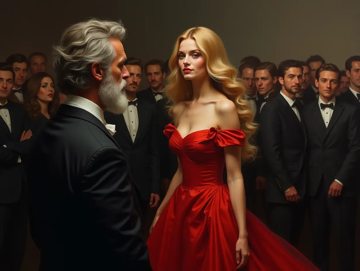 An oil painting we are looking over the shoulder of a man with a grey tidy beard looking to a beautiful elegant woman with long blonde hair in a red flowing dress, across the room with a gentle smile looks to the man as she catches his eye,  both are in formal attire . the room is crowded with many people, but only her face is bright and glowing,  The background is dark gray, creating an atmosphere of mystery and elegance, --s 500 --v 6.0 --style raw --ar 51:91 