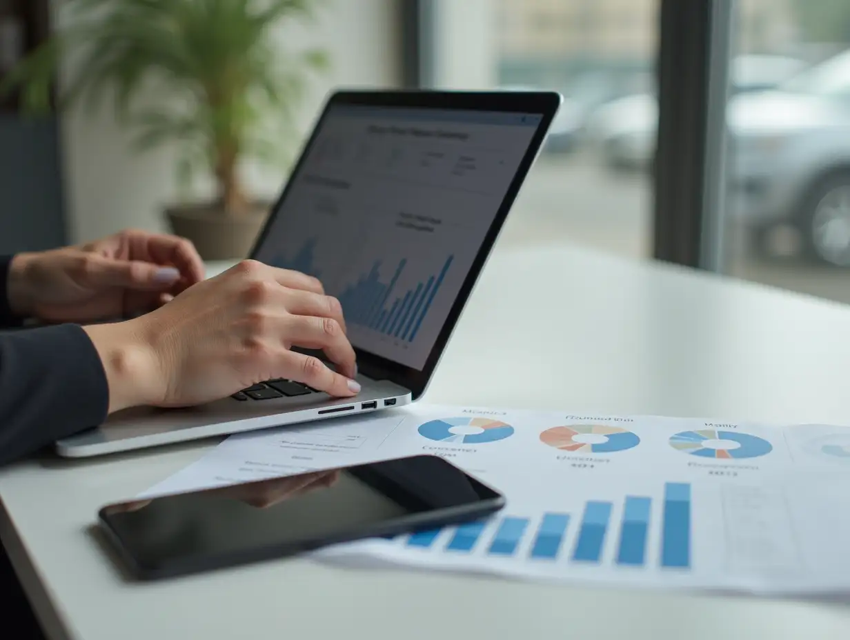 hands of young businesswoman typing computer laptop with graph chart for work