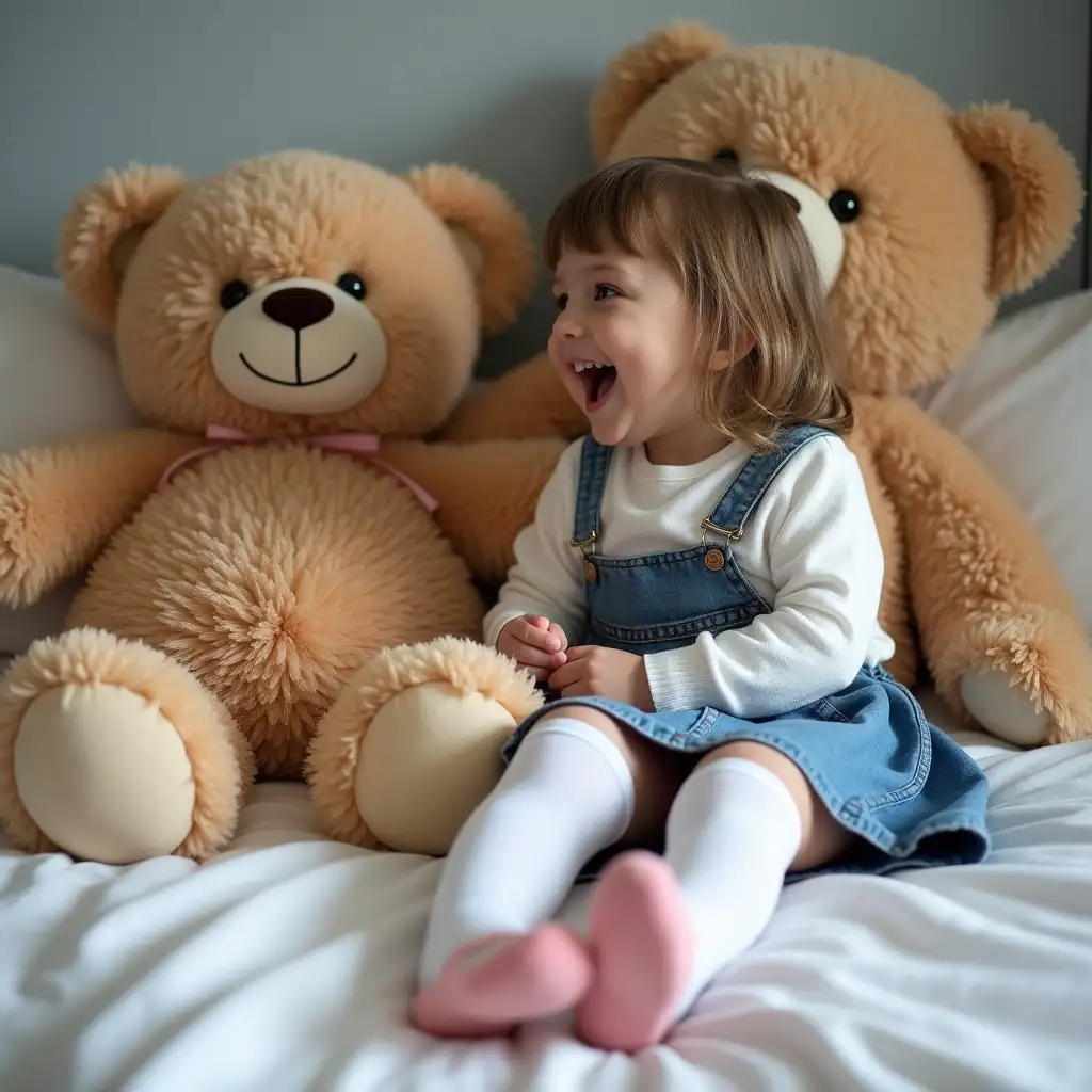 Playful-Girl-in-Denim-Skirt-Enjoying-Giant-Teddy-Bears-on-a-Cozy-Bed