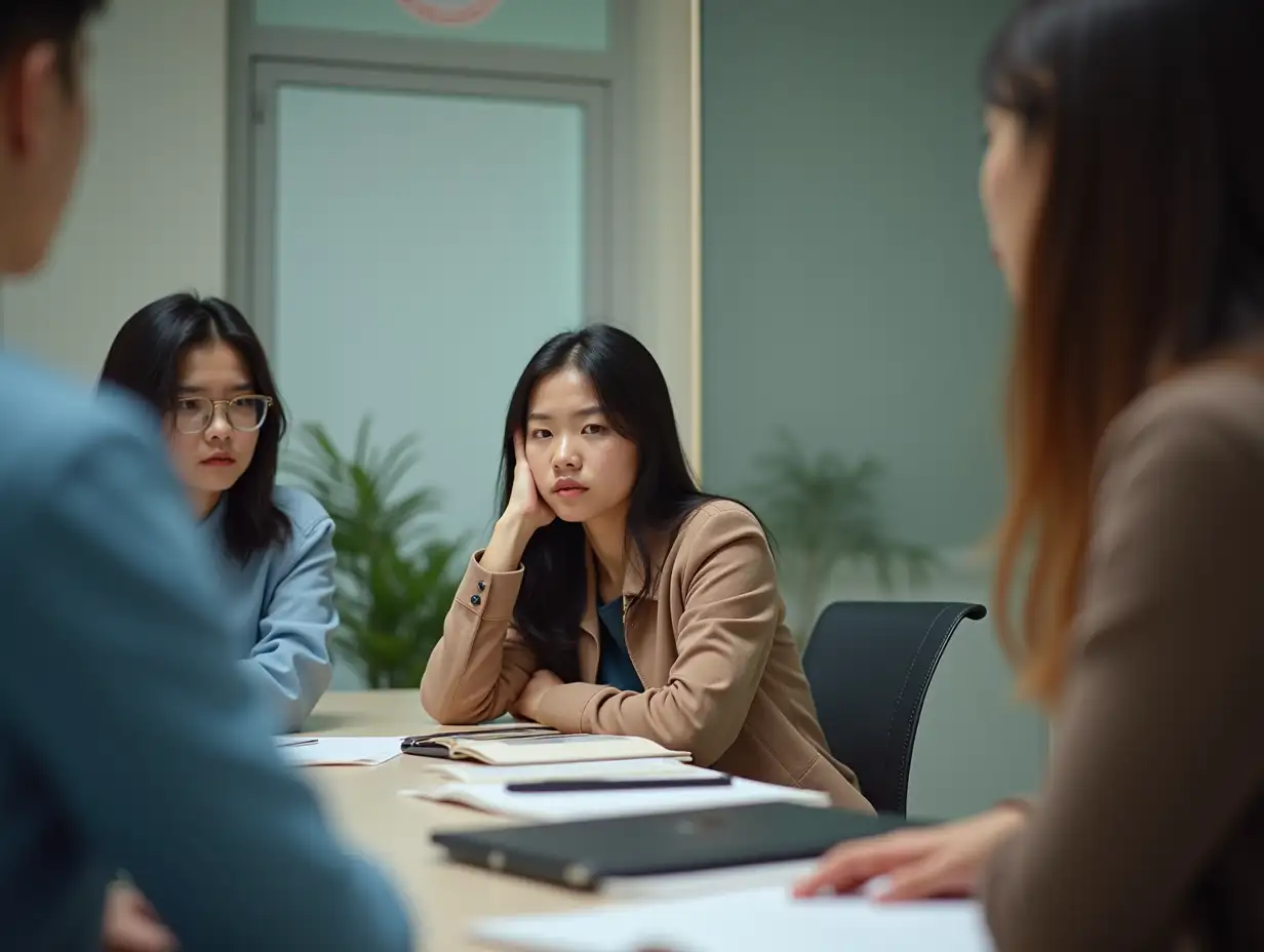 A meeting room with 3 people, young Asian women in the meeting room looking serious and painful