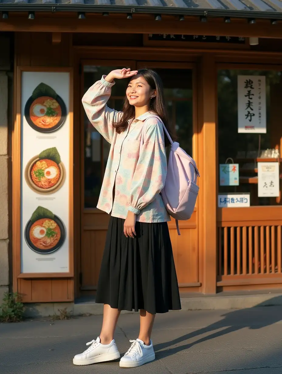 A young woman with light skin and a bright smile poses in front of a traditional Japanese ramen restaurant, shielding her eyes from the sunlight. She wears a loose-fitting, pastel-patterned shirt over a black midi skirt, with white sneakers and a light pink backpack. The background features a wooden storefront with vertical slats, noren curtains, and Japanese signage, including food posters displaying bowls of ramen. The warm sunlight casts long shadows on the ground, creating a cozy and inviting atmosphere.