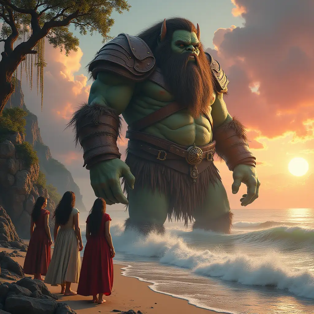 Highly detailed hyperrealistic portrait of a 20 meter giant troll with leather armor in front of three princesses on a beach with big waves with rocks and trees and hanging plants and sunset, red clouds with impeccable attention to texture, surfaces and lighting, to give depth, dimension and a photorealistic appearance.