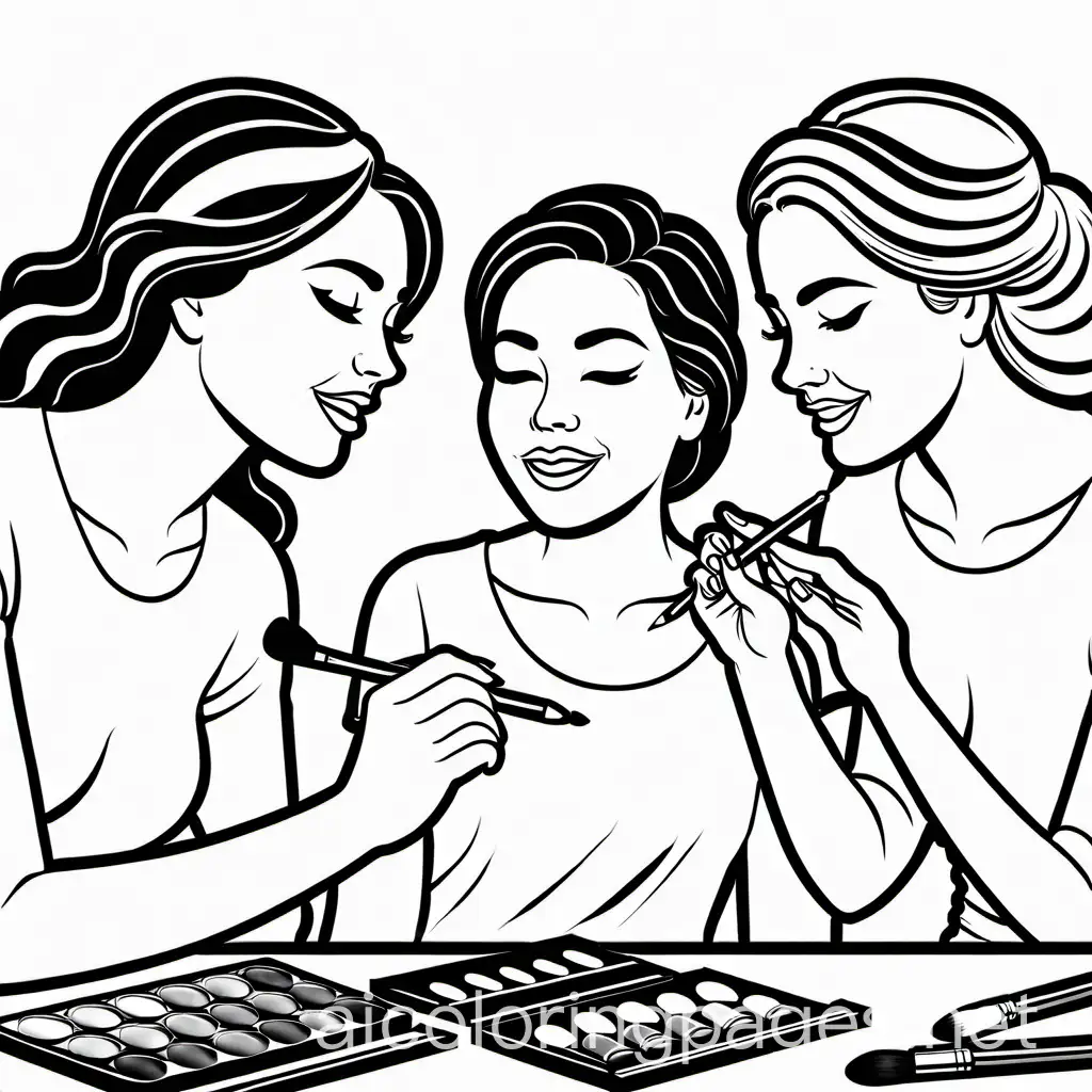 Three-Women-Assisting-Each-Other-with-Makeup-Coloring-Page