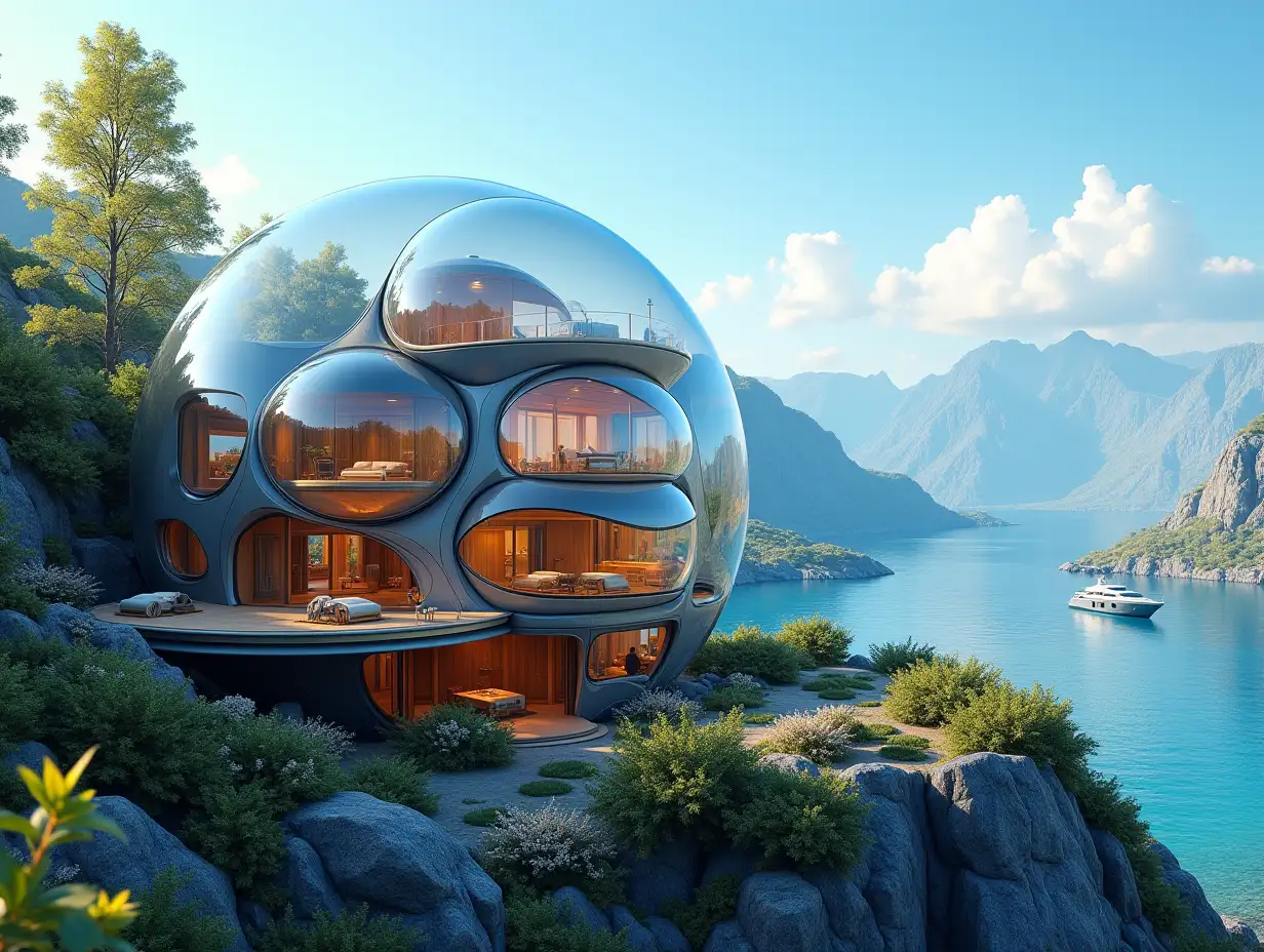 A futuristic multi-story house made of many holen lit glass balls and wood lies on the mountain peak, many plants and trees, blue sky, bright environment, mountains, clear water and a yacht in the background, colorful 8k quality