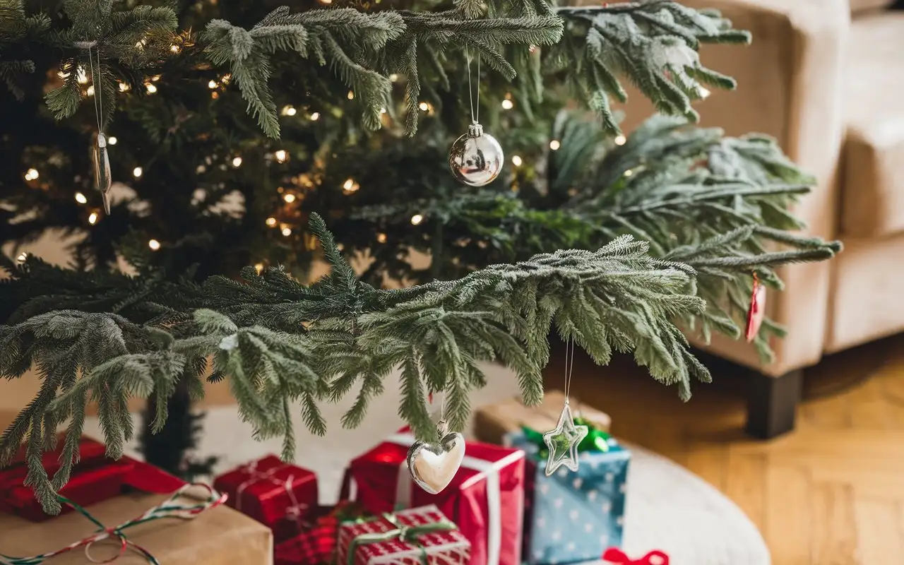 Christmas-Decorations-on-Fluffy-Fir-Tree-with-Sparkling-Ornaments