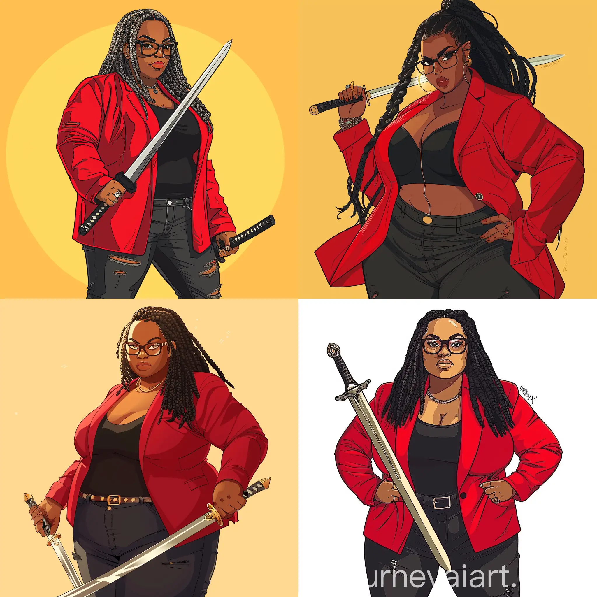 Cartoon-Plus-Size-Woman-with-Braids-in-Red-Blazer-and-Glasses-Holding-Sword