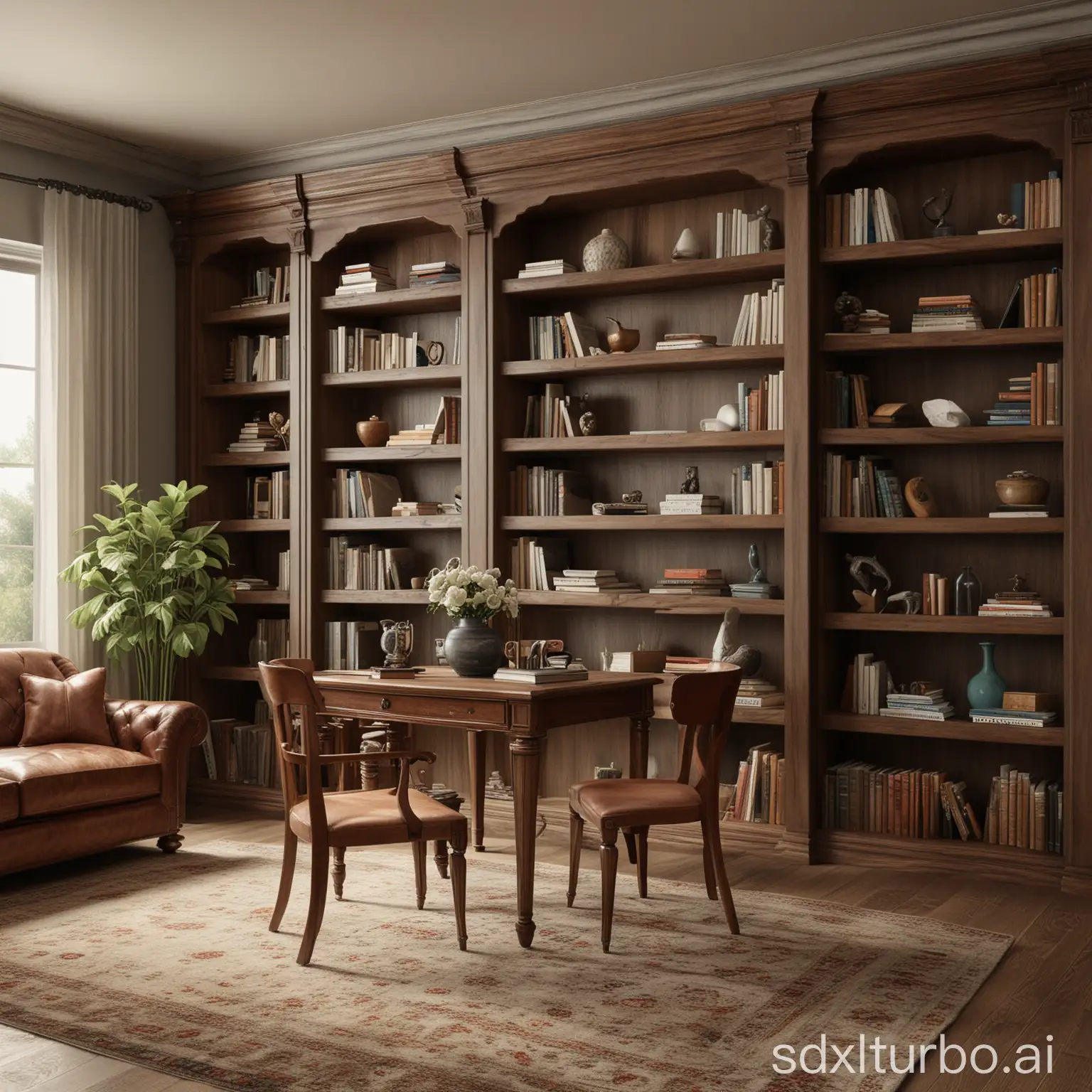 High-definition American interior deluxe study with a vase in an open space next to the bookshelf