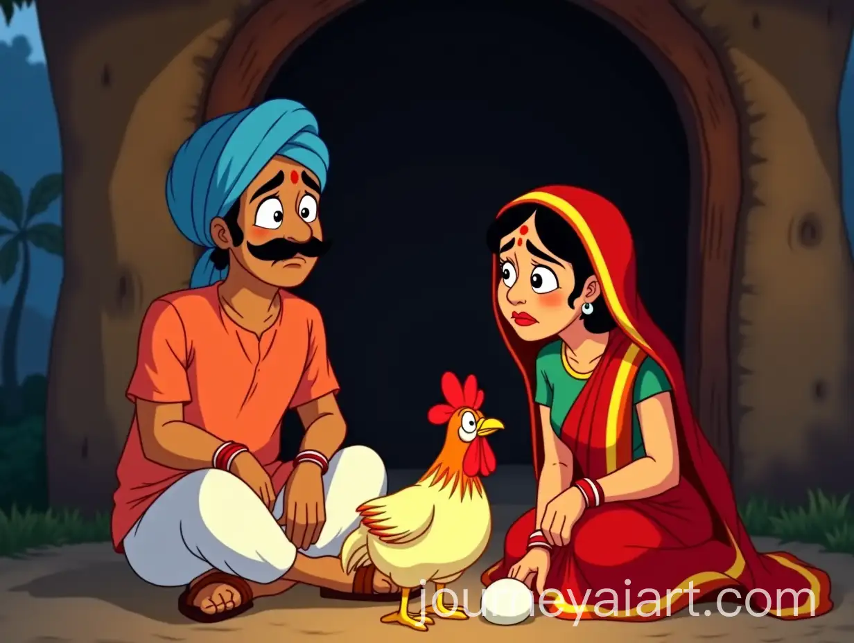 Sad-Indian-Couple-Sitting-Outside-Hut-with-Broken-Egg-and-Injured-Hen