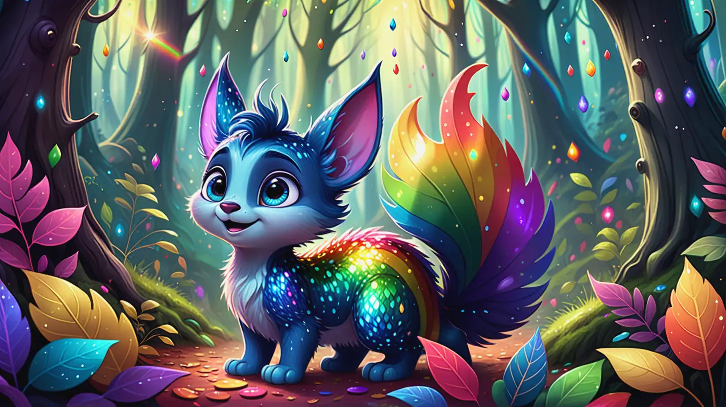 Kawaii Cartoon Character Sparkle in a Magical Rainbow Forest