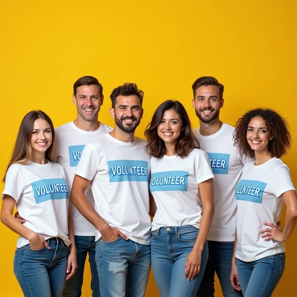 Six individuals, a balanced mix of three men and three women, stand side by side in a harmonious composition. They are all adorned in crisp white T - shirts, upon which the word 'VOLUNTEER' is emblazoned in a vivid, attention - grabbing shade of blue. The font is bold yet clean, easy to read. Complementing their tops, they sport casual blue jeans with natural - looking creases and fabric textures. Each person has a genuine, wide smile, with well - defined facial features, sparkling eyes, and teeth clearly visible, exuding warmth and friendliness. The light yellow background is soft and evenly lit, enhancing the overall cheerful vibe without any harsh shadows or distractions. It gives a sense of openness and positivity, contributing to the highly promotional aesthetic. The image is rendered in ultra - high resolution, with every detail, from the individual strands of hair to the stitching on the clothes, captured with precision. The colors are vibrant and true - to - life, creating a visually appealing and professional - looking result.