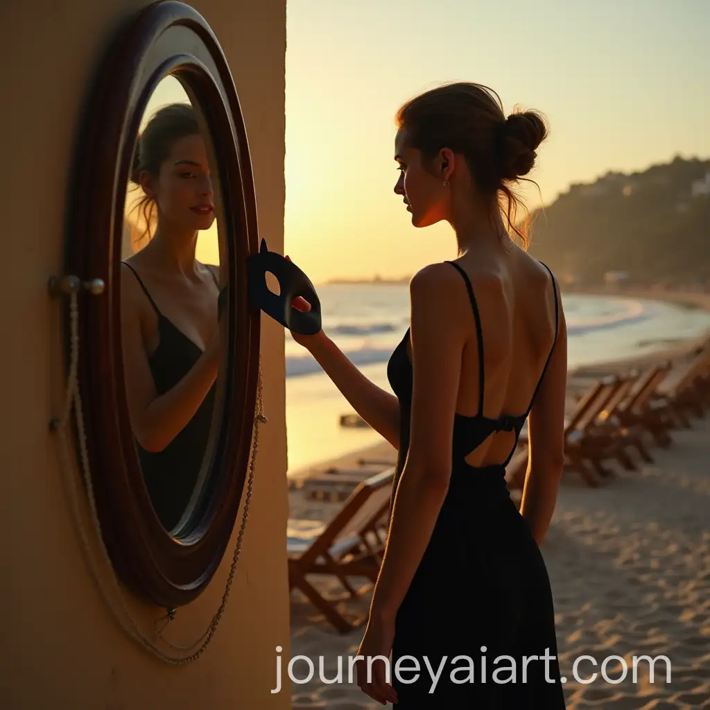Woman-Holding-Black-Carnival-Mask-by-the-Seaside-Mirror-in-a-Fading-Summer-Morning