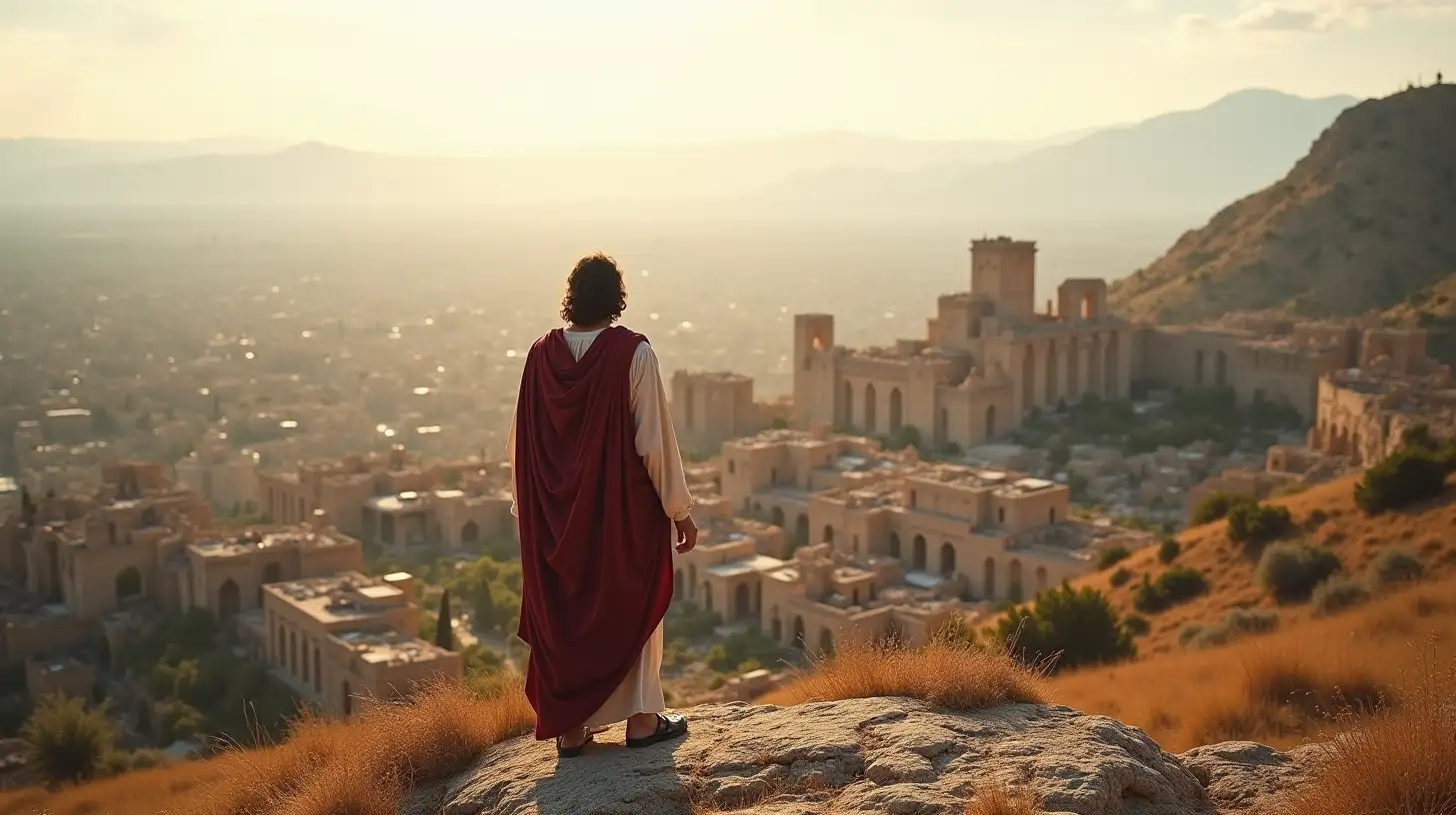 Man Overlooking Ruined Biblical City from Mountain Summit