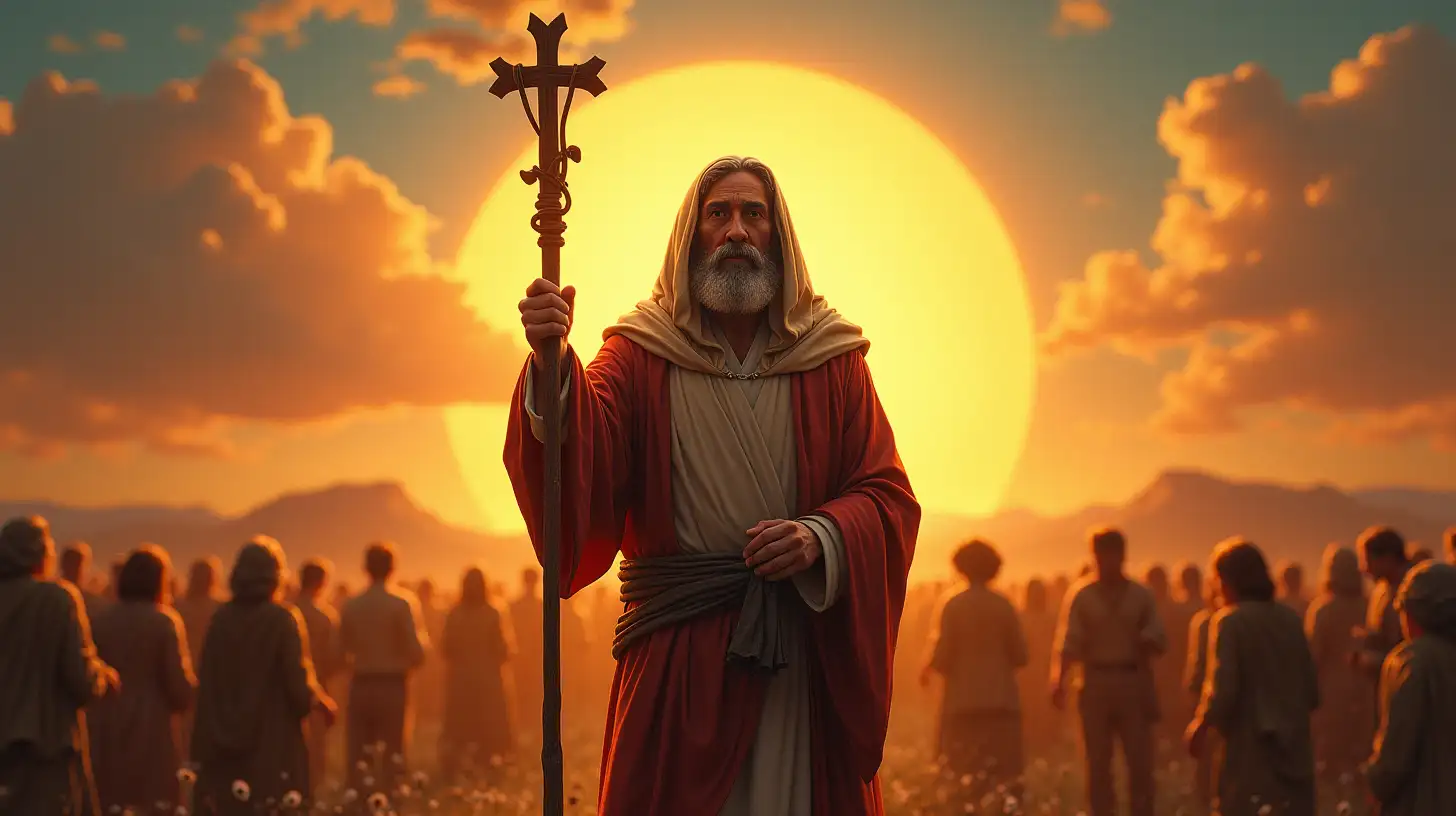 Rescuer Figure: A figure depicted as a prophet, with traditional Jewish attire, holding a staff. Behind him is a landscape of the sunrise, and around him is an environment where people gather in love and hope. The figure, surrounded by symbols of peace and unity.