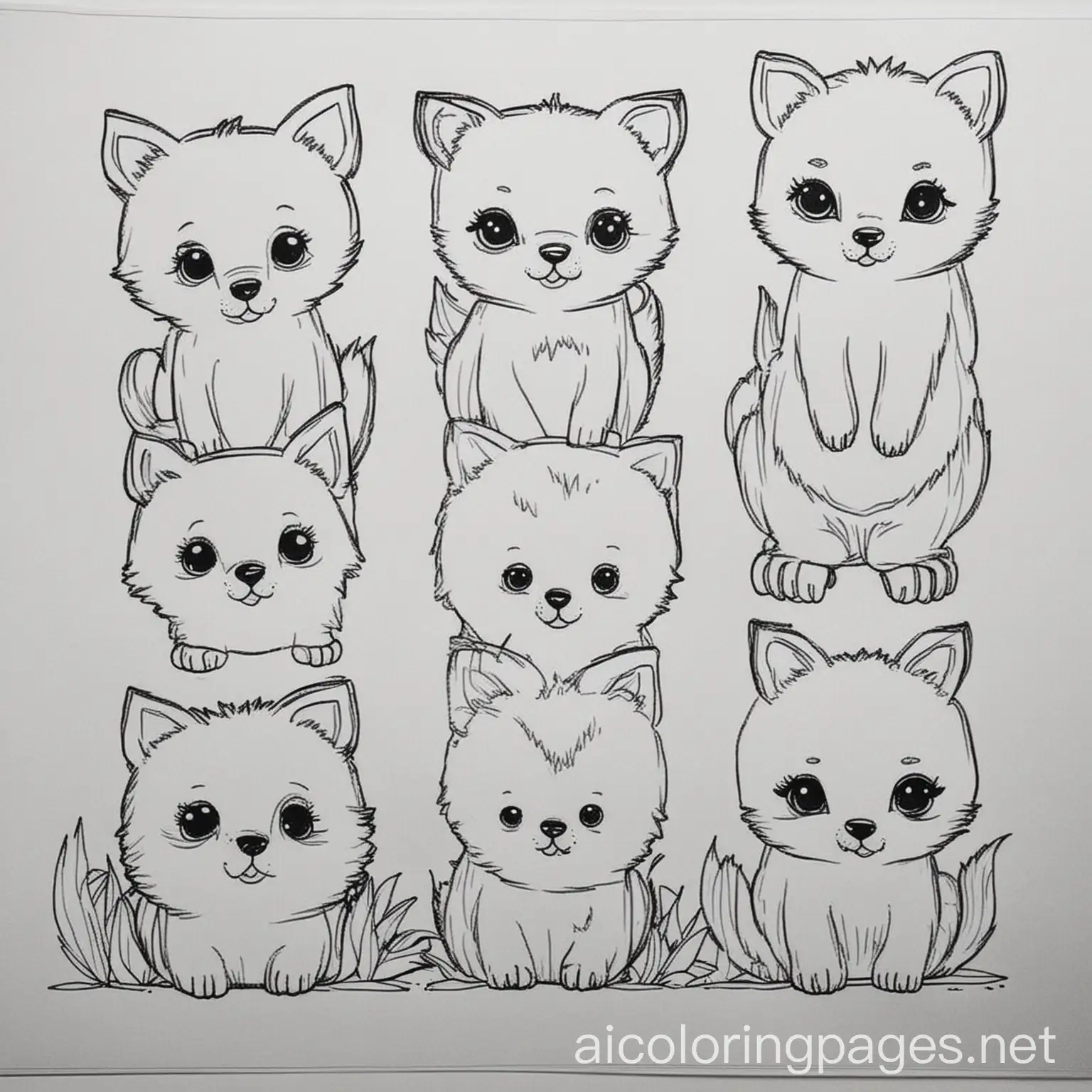 Cute animals, Coloring Page, black and white, line art, white background, Simplicity, Ample White Space. The background of the coloring page is plain white to make it easy for young children to color within the lines. The outlines of all the subjects are easy to distinguish, making it simple for kids to color without too much difficulty