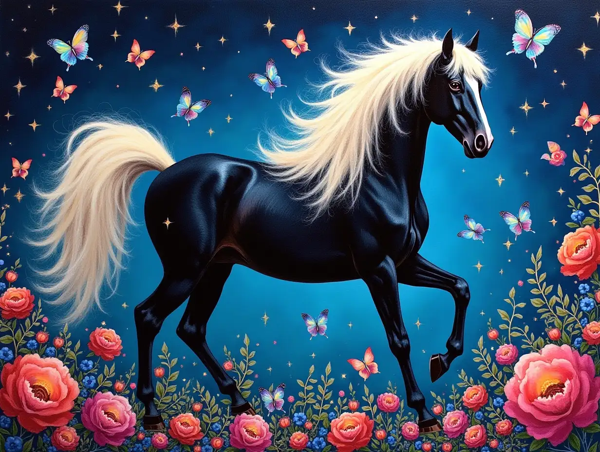 A black horse with a flowing white mane, surrounded by colorful, iridescent butterflies and intricate floral patterns, set against a starry night sky, evoking a magical and enchanting atmosphere. oil and glitter