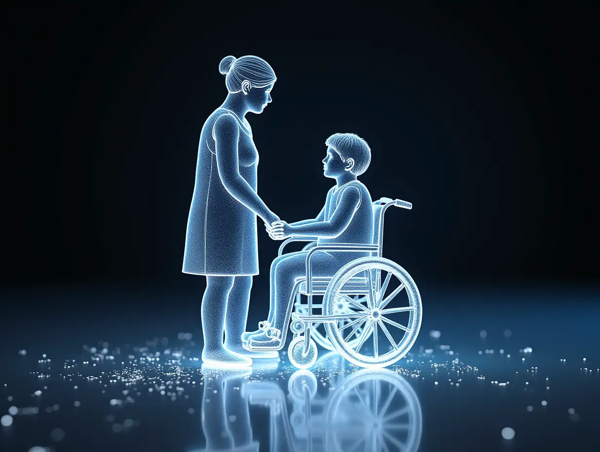 Mother and father with child in wheelchair, made of transparent glass , 3D, autodesk sketchbook, Gustav Klimt style, ultra detail, studio lightening,  3d, bioluminescence