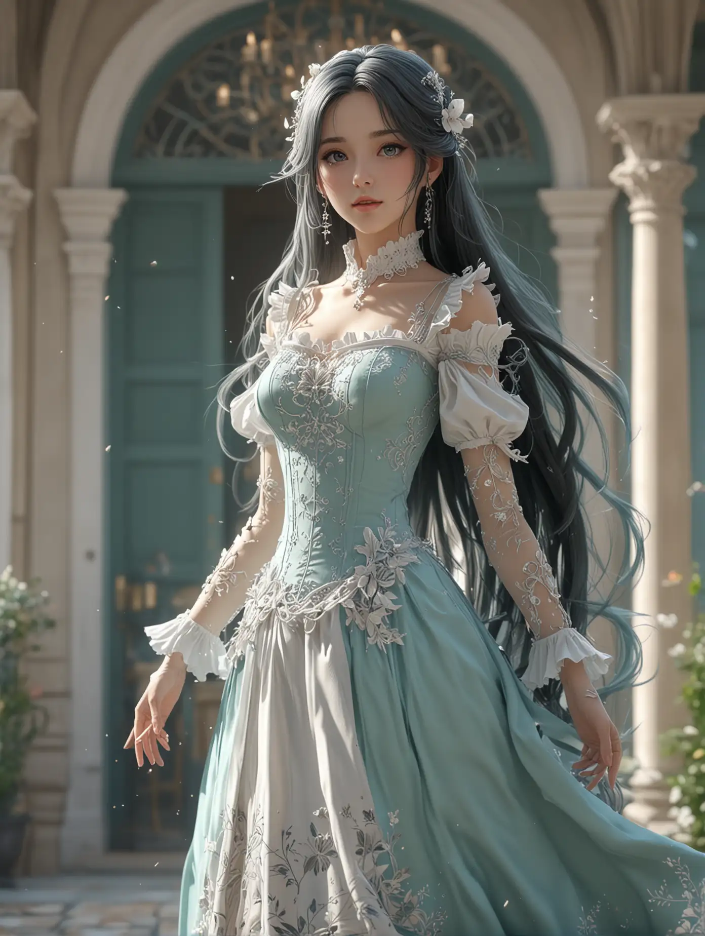 4K anime style quality, digital drawing mode, elemental-themed anime female character, long silvery-black hair, soft teal eyes, wearing a light, flowing maid dress made of gossamer with wind motifs, standing in a rich mansion, radiant skin, graceful and carefree expression, full body, dynamic pose, life size, perfect anatomy, detailed skin texture, full HD, 4K, HDR, perfect anatomy, depth of field.