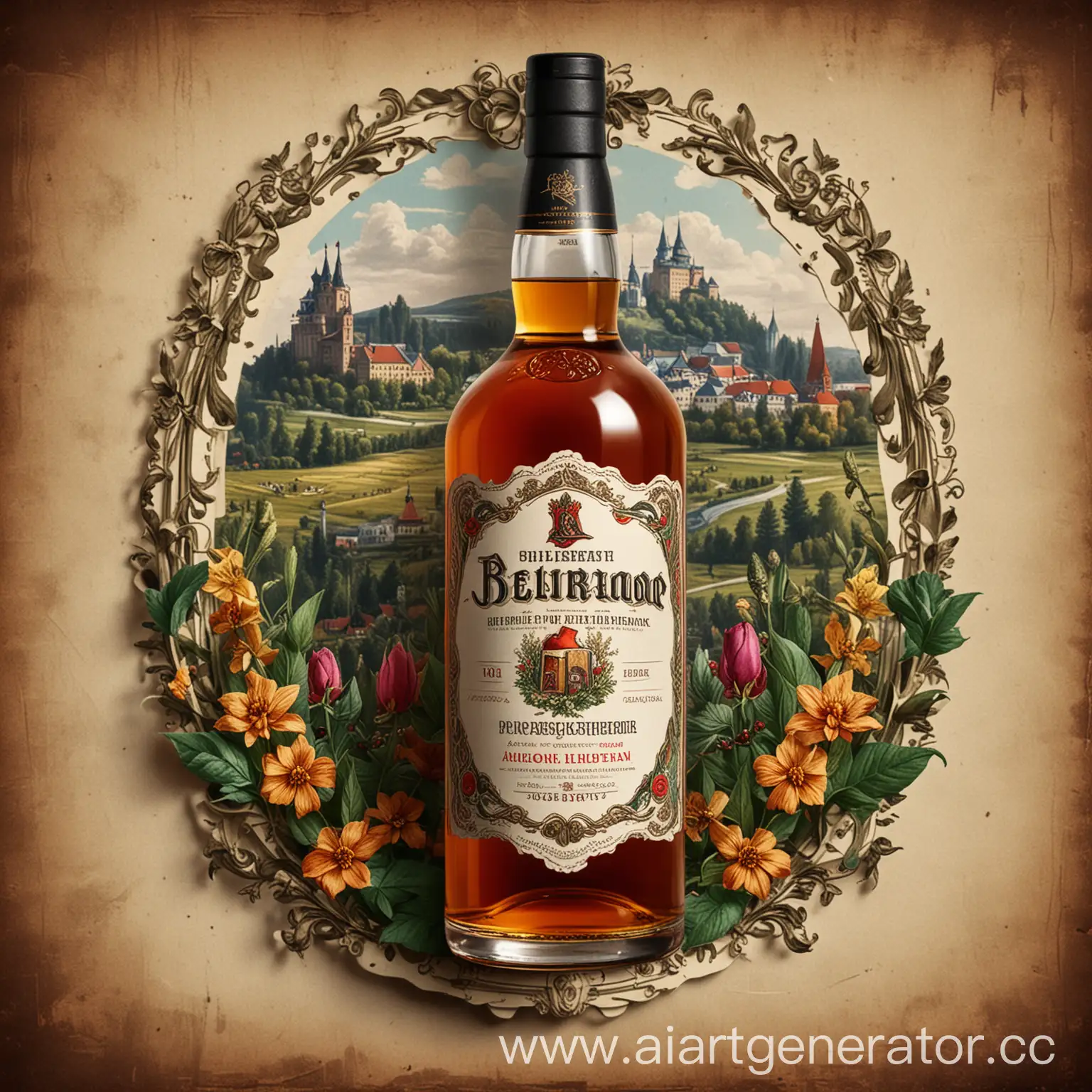 The label should be made in a unified style and emphasize the connection between the name of the bourbon and the Beltane festival in Orenburg.