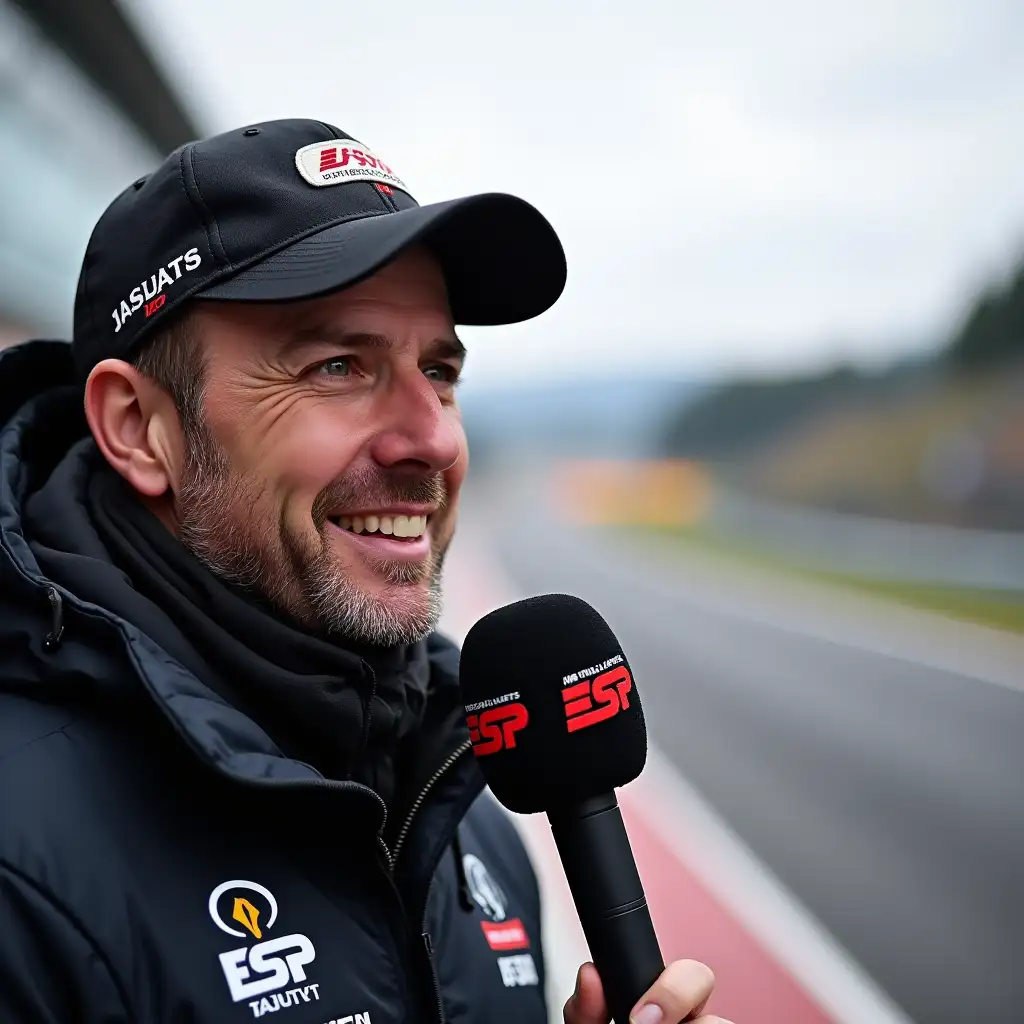 GT3 racing correspondent at the German Nürburgring circuit with ESP logo microphone