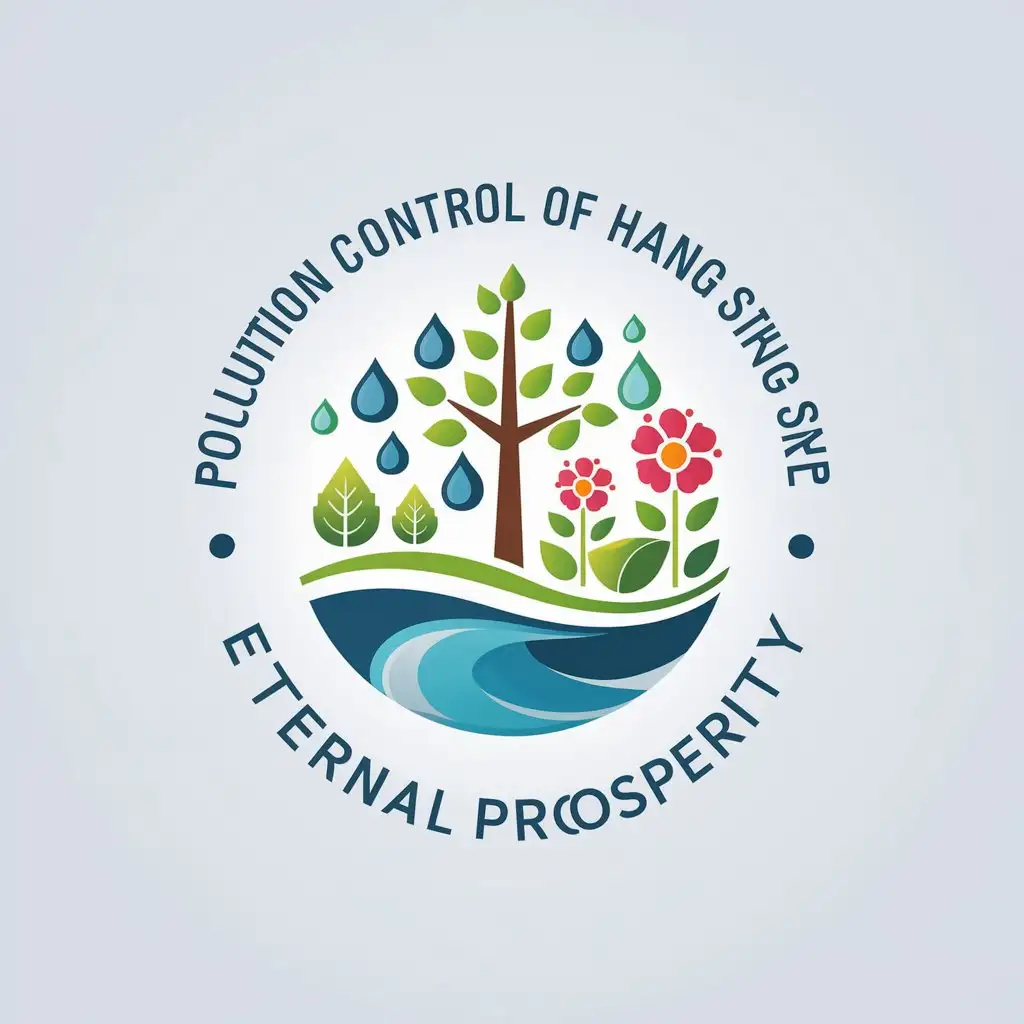 a vector logo design,with the text "pollution control plant of hanging strip eternal prosperity", main symbol:Dew drops, tree, flowers, and clean river,Moderate,be used in environmental protection industry,clear background