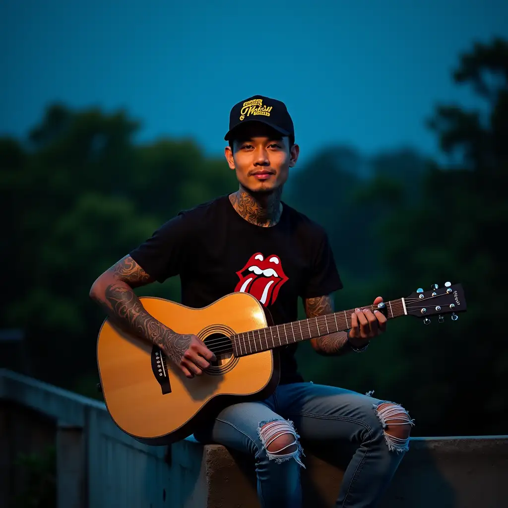 Indonesian-Musician-on-Rooftop-with-Guitar-in-Serene-Night-Setting