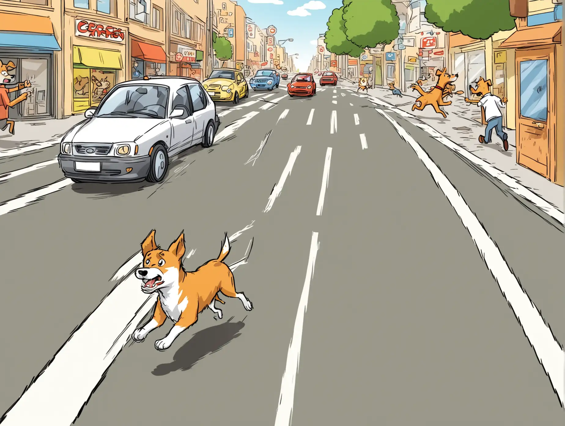 Cartoon Stray Dog Darts into Busy Street Intersection Danger