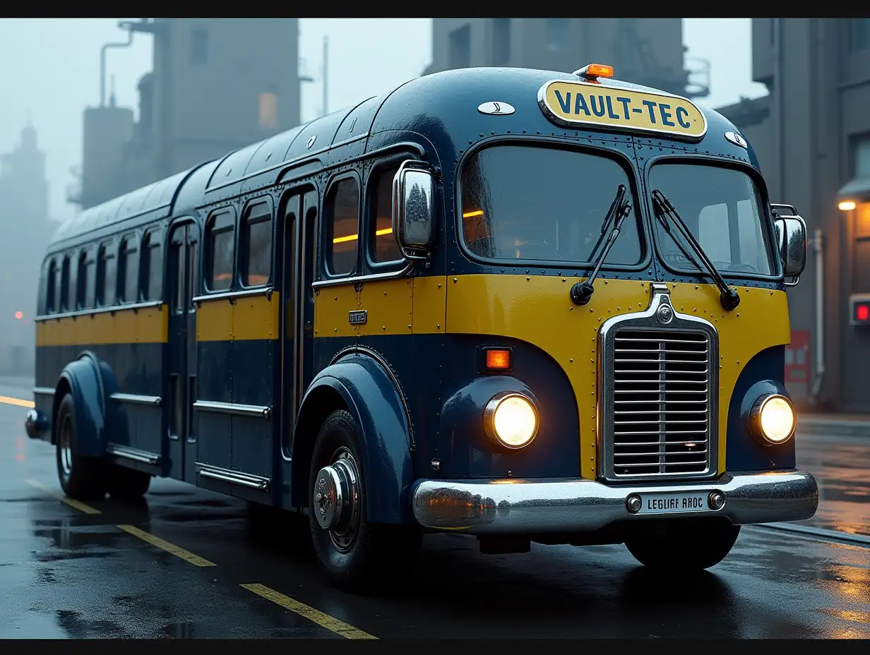 A futuristic, massive two-section bus designed by Vault-Tec, inspired by the Streamline aesthetic. The bus has a sleek aerodynamic design, painted in dark blue and yellow, with the Vault-Tec logo prominently displayed on its sides. The vehicle is divided into two compartments connected by a flexible accordion joint, allowing for a higher passenger capacity. The front of the bus features a streamlined, imposing design with large, wraparound windows, a polished chrome grille, and integrated headlights. Side doors are visible for passenger boarding, crafted to maintain a sealed, radiation-proof construction. The bus has a pristine, brand-new appearance, with its surfaces smooth, polished, and glinting under a futuristic urban or apocalyptic setting's dim light. The background hints at Vault-Tec’s technological prowess with distant industrial buildings or emergency shelters. The overall vibe reflects reliability, innovation, and a subtle sense of urgency.