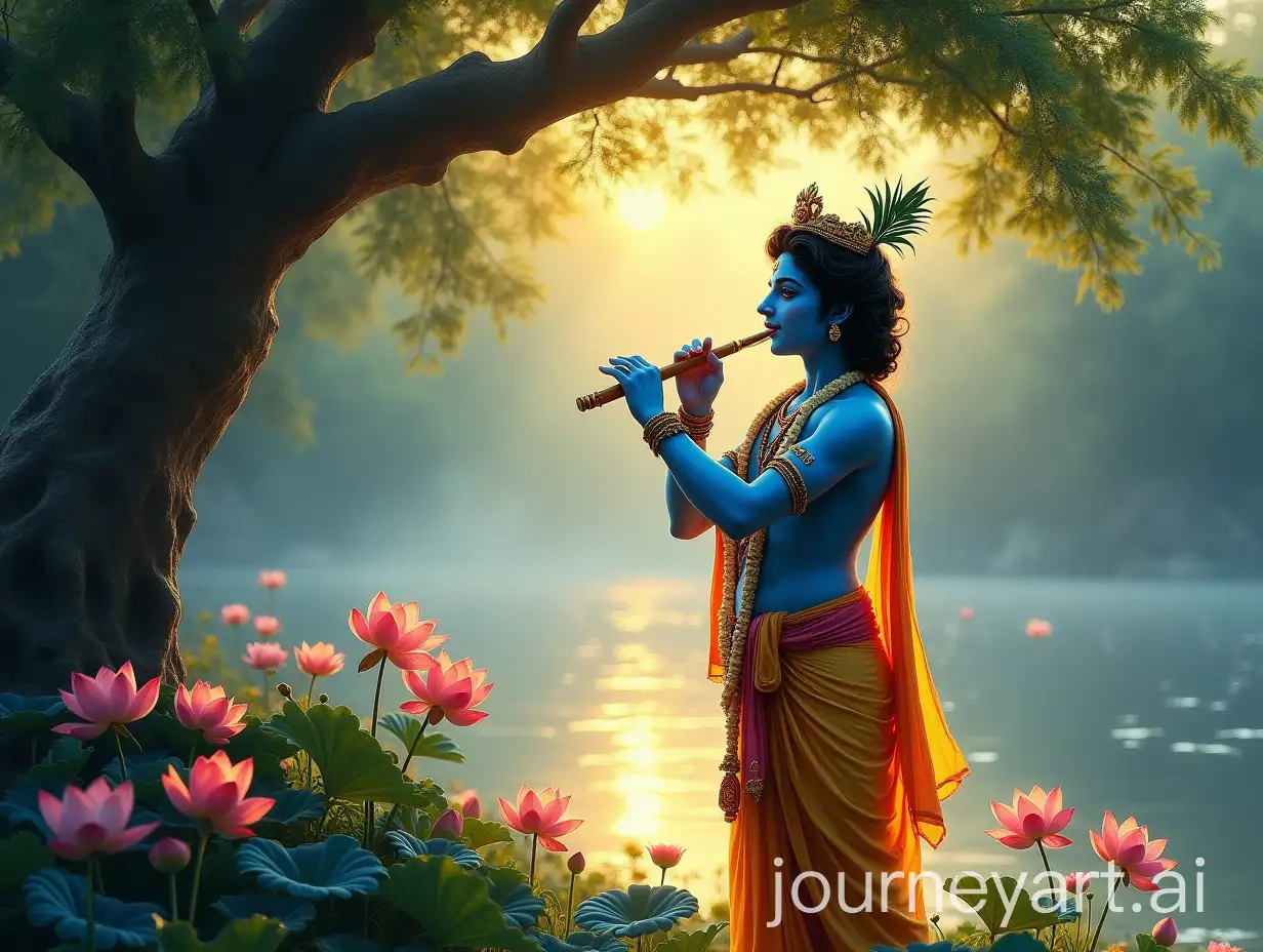 Serene-Lord-Krishna-by-the-Yamuna-River-Playing-His-Flute