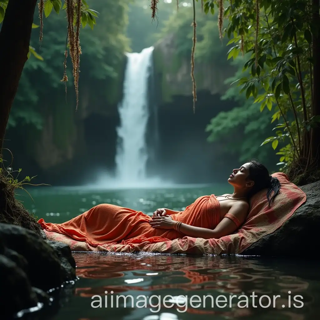 Beautiful traditional kerala women wet in waterfalls and king sleeping in luxury bed near falls