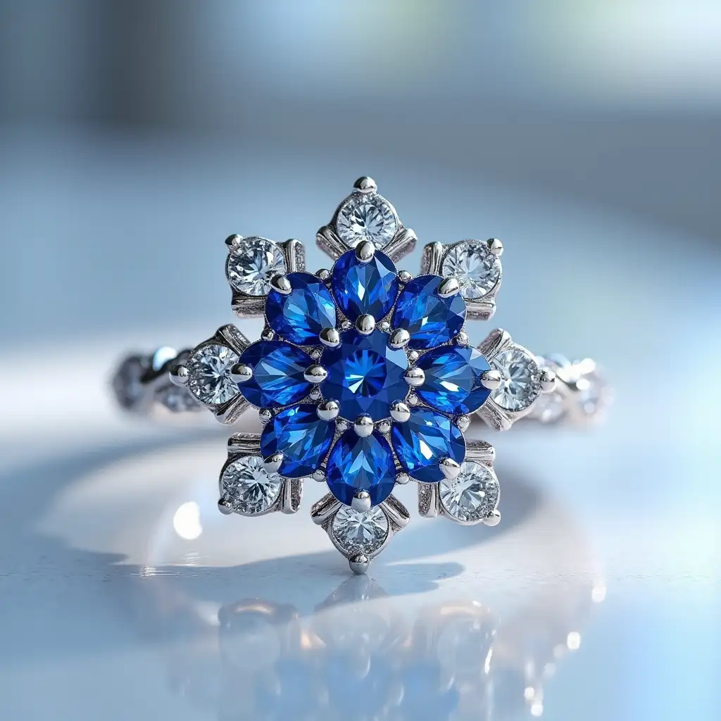 a snowflake-shaped blue sapphire ring, Tiffany style