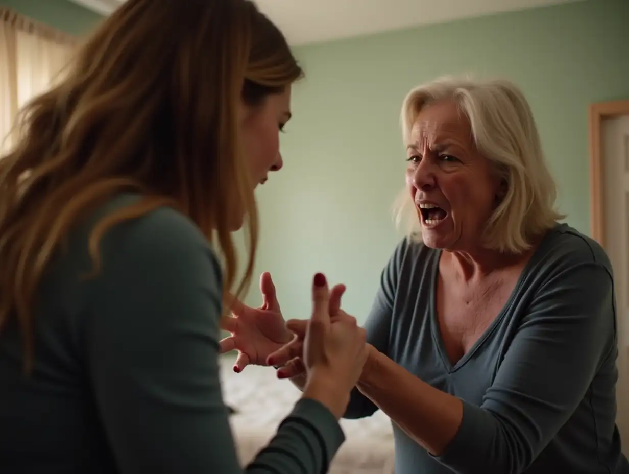 A young woman and an elderly woman in her 50s are arguing violently, angry, red with rage, gesticulating heavily in the apartment