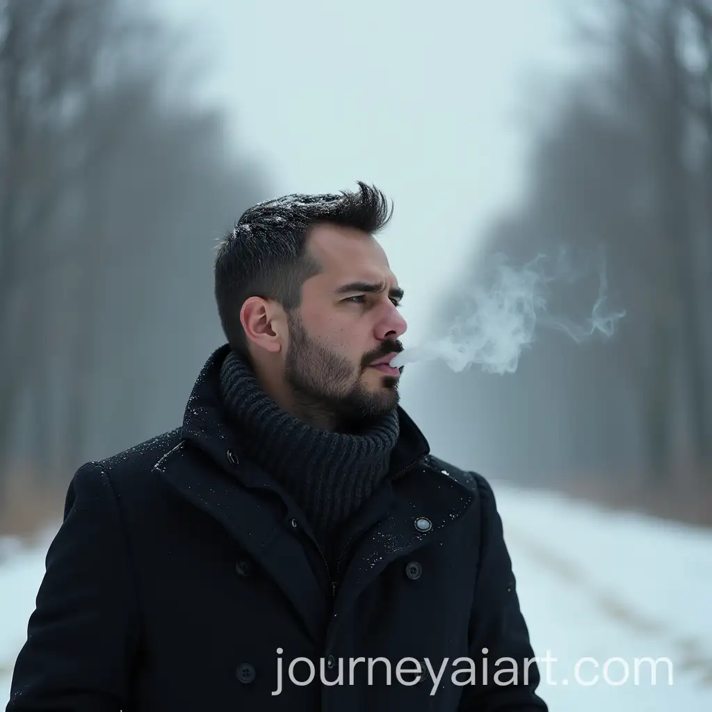 Man-in-Black-Winter-Coat-Contemplating-and-Smoking