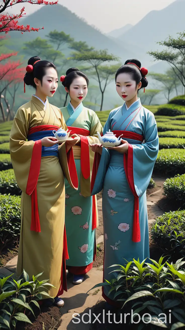 Xiaogang is beautiful, three maidens picking tea in the tea garden