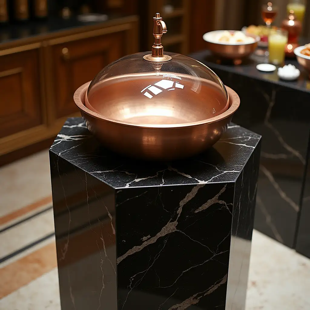 Luxury Hotel Buffet Copper Bowl with Flowing Water on Marble Pedestal