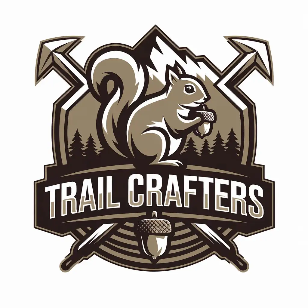 LOGO Design for Trail Crafters Squirrel with Acorn and Mountain Theme