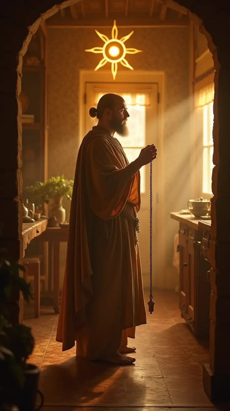 An image of a person (man with grounded, ancient, Druid, ceremonial presence) standing in a home holding a Biogeometry tool or copper dowsing pendulum, surrounded by subtle golden light beams or symbols. The space around them begins to glow in soft harmony as they work.