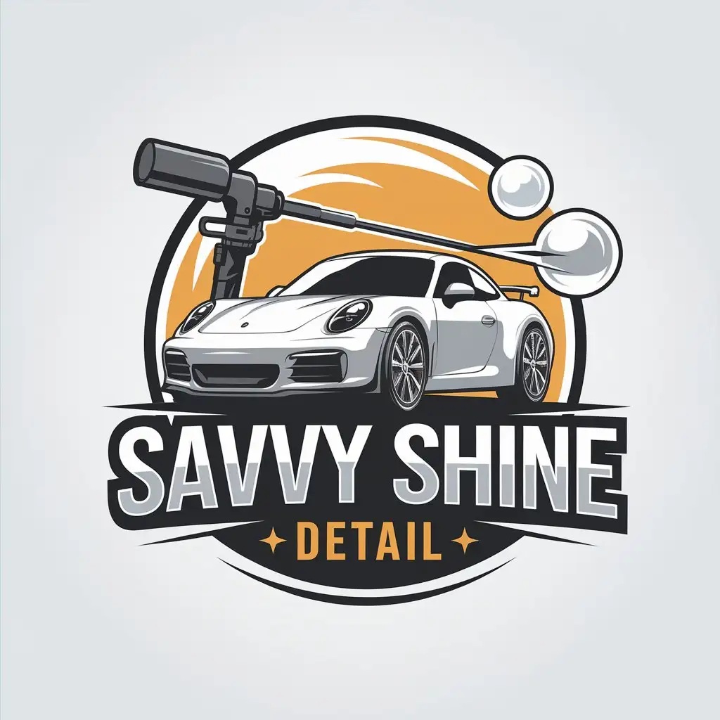 LOGO Design for Savvy Shine Detail Sport Car with Soap Bubbles Pressure Washer and Foam Cannon in Minimalist Style