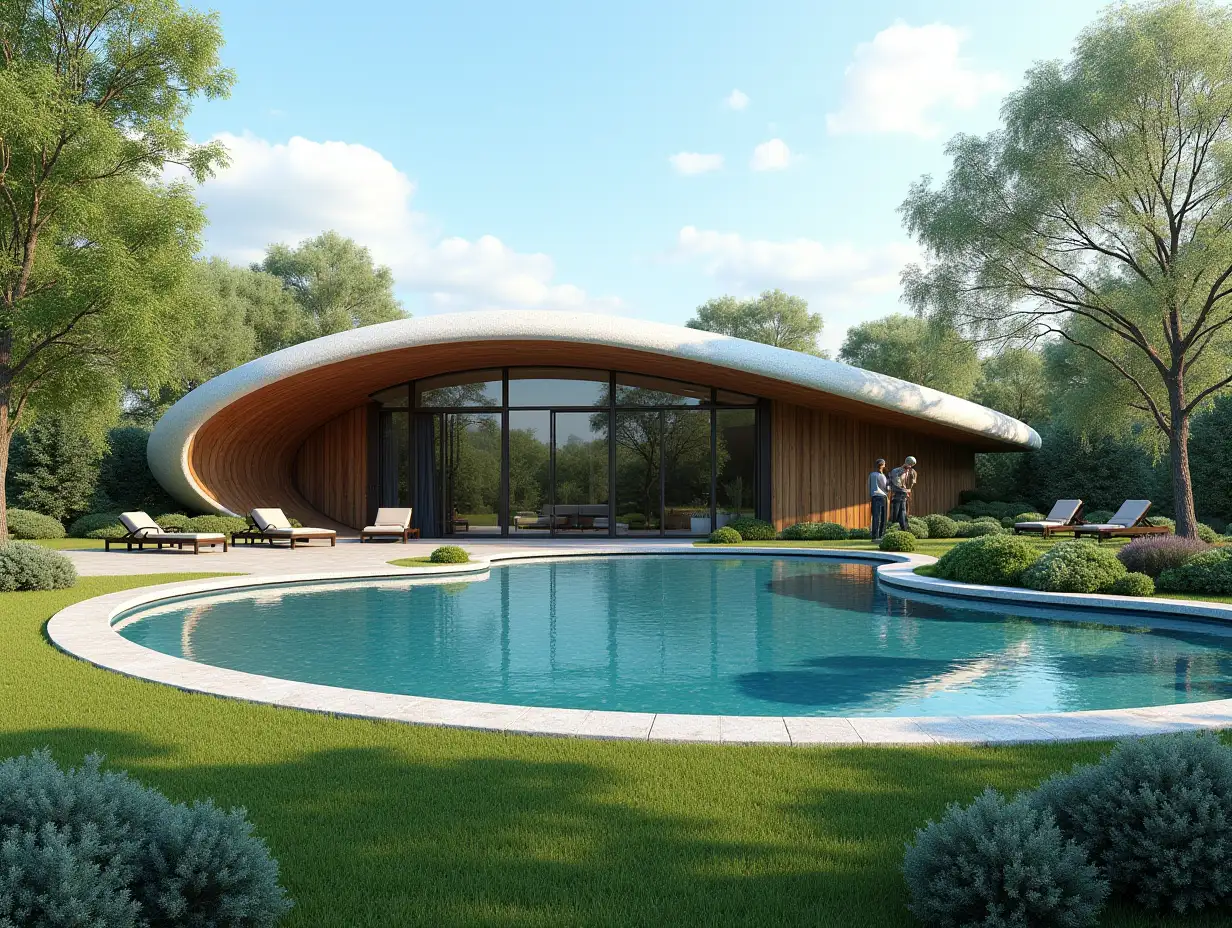 Create a house with people elliptical curve roof,with a large garden and pool with,colorful bushes and statues panoramic image 180 degrees shots 4K resolution